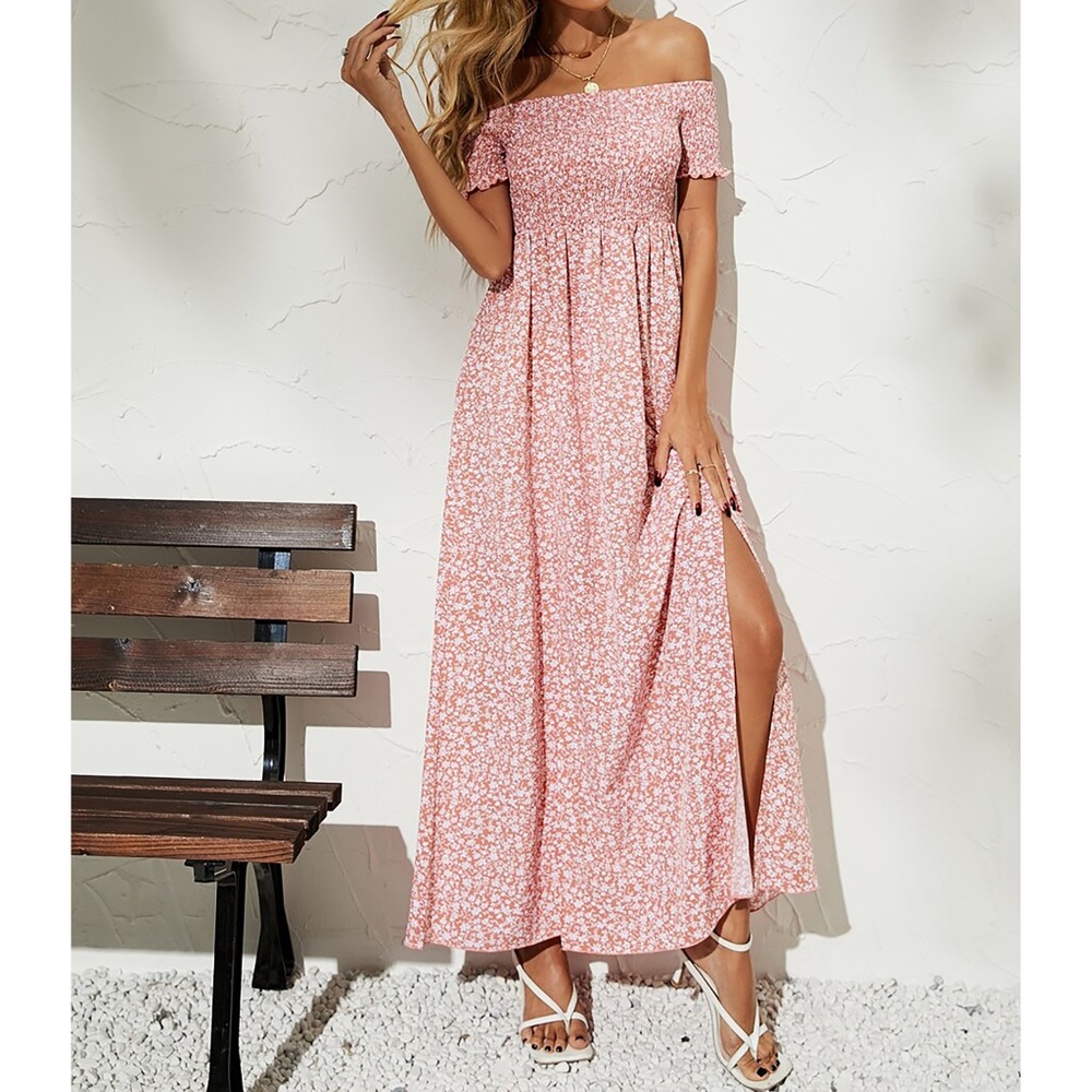 Pink Ditsy Flower Off the Shoulder Shirred Split Maxi Dress